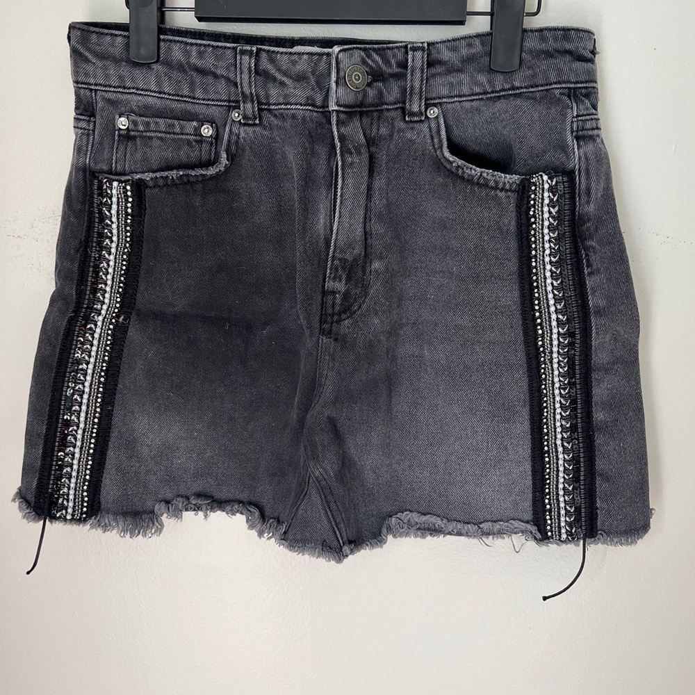 Free People SZ 8 beaded embellished Black Denim mini Jean Skirt